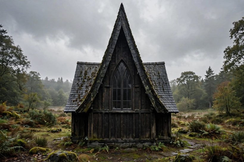 gothic-style tiny house layouts: steep pointed-gable exterior in dark stained timber