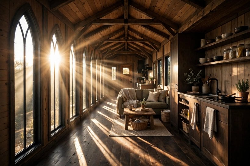gothic-style tiny house layouts: longhouse interior with tall lancet windows throwing shafts of light