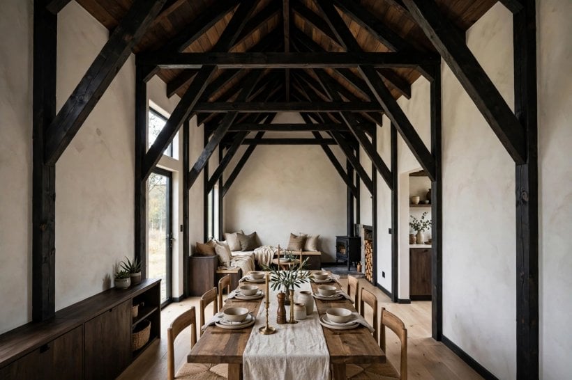 gothic-style tiny house layouts: vaulted great hall with exposed dark scissor trusses