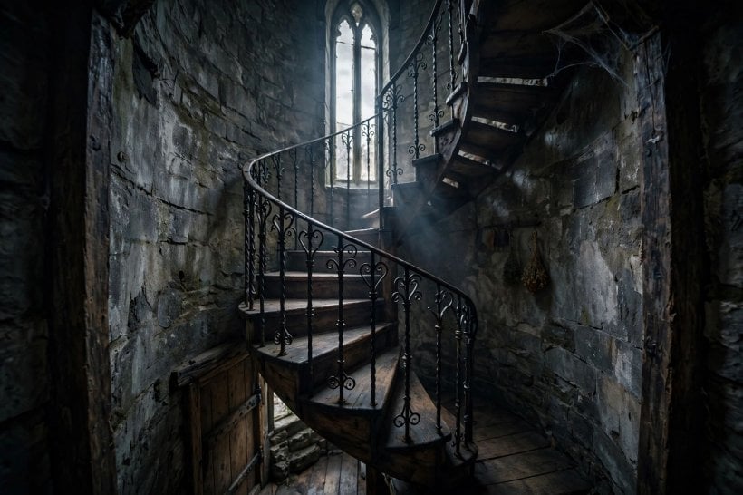 gothic-style tiny house layouts: spiral stair inside a narrow tower stair hall