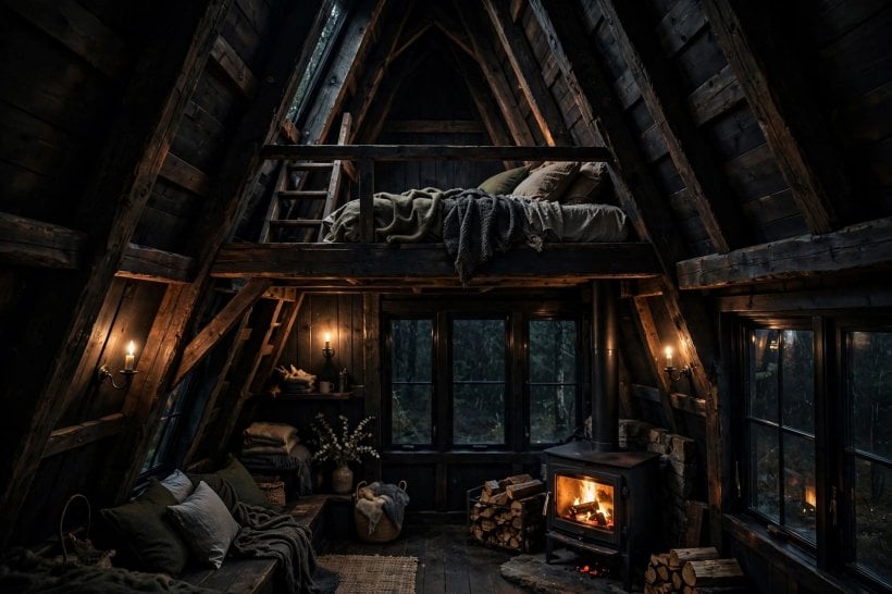 gothic-style tiny house layouts: dark timber A-frame interior with sleeping loft in the peak