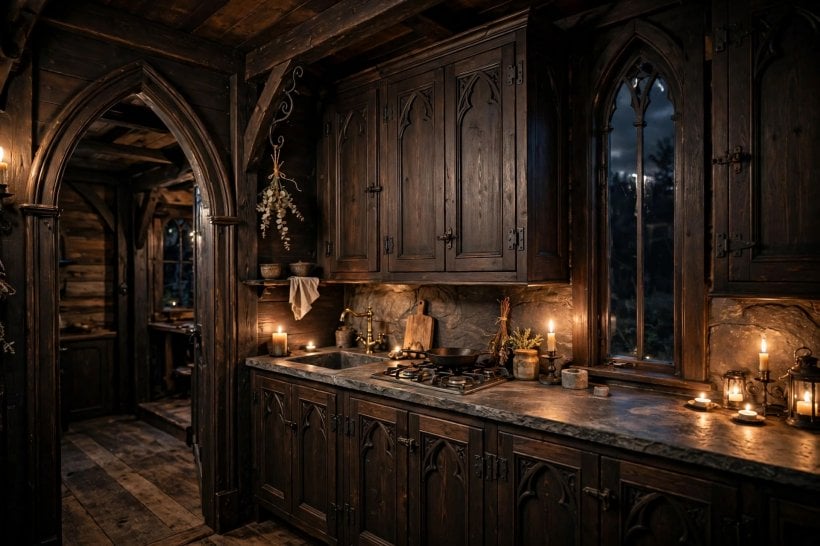 gothic-style tiny house layouts: gothic kitchen with a pointed-arch doorway and dark wood cabinets