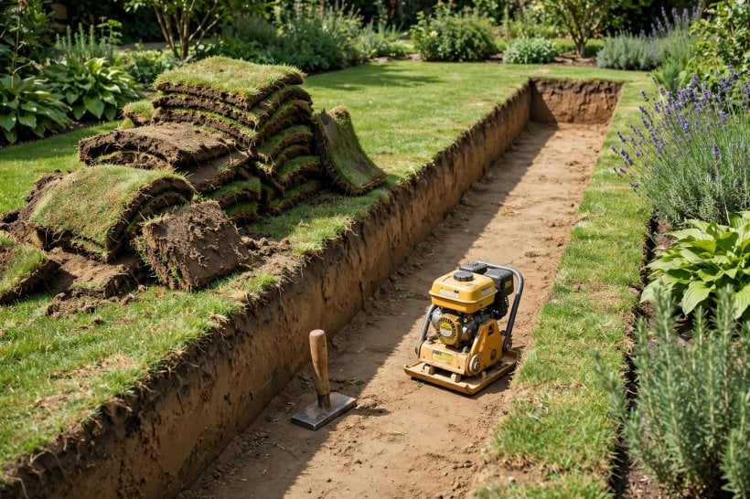 Gravel Path with Rock Borders: the excavated trench with compacted subgrade, tamper and plate compactor