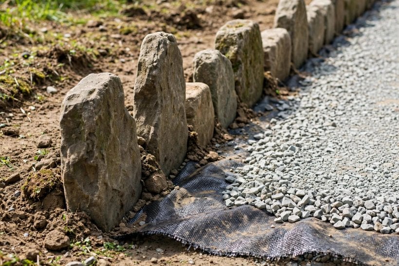 Gravel Path with Rock Borders: upright fieldstone edging set over woven geotextile and compacted base