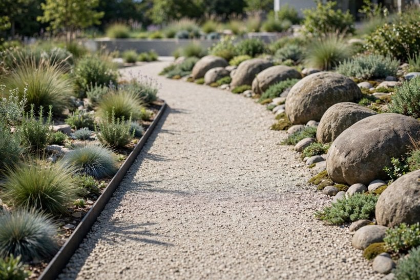 Gravel Path with Rock Borders: crisp steel edging on one side and nestled boulders on the other