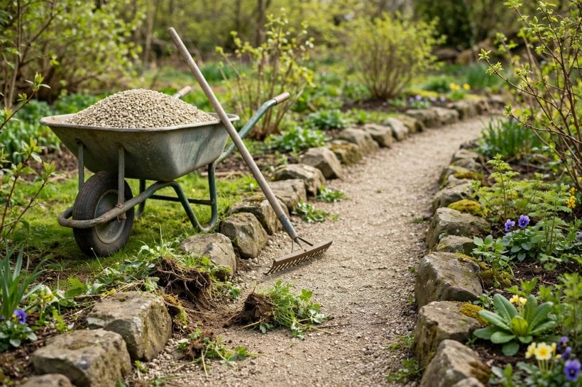 Gravel Path with Rock Borders: a wheelbarrow of fresh pea gravel for the yearly top-dress