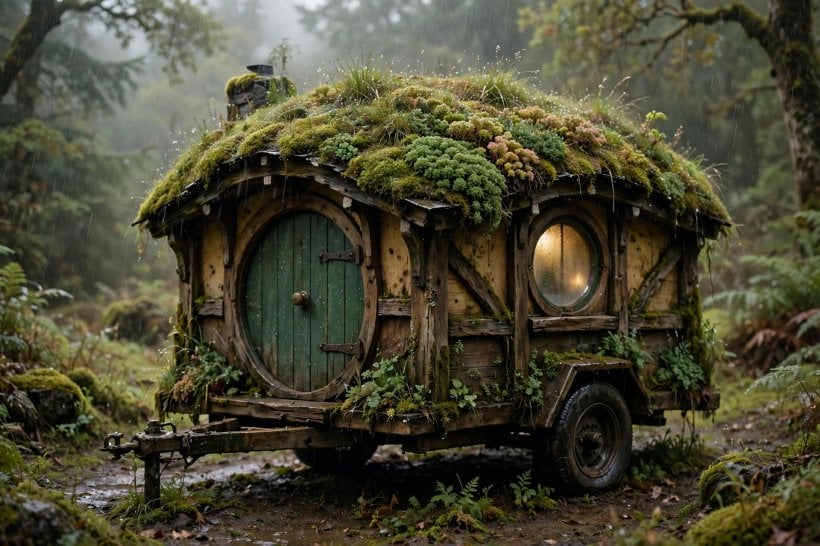 green roofs on tiny houses: a tiny house kept cool and quiet beneath its living planted roof
