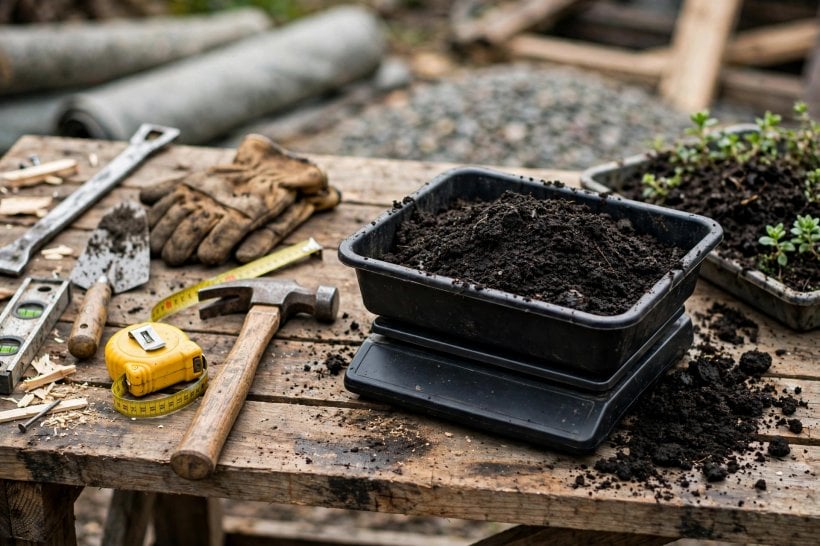 green roofs on tiny houses: weighing a tray of wet soil to calculate the dead load