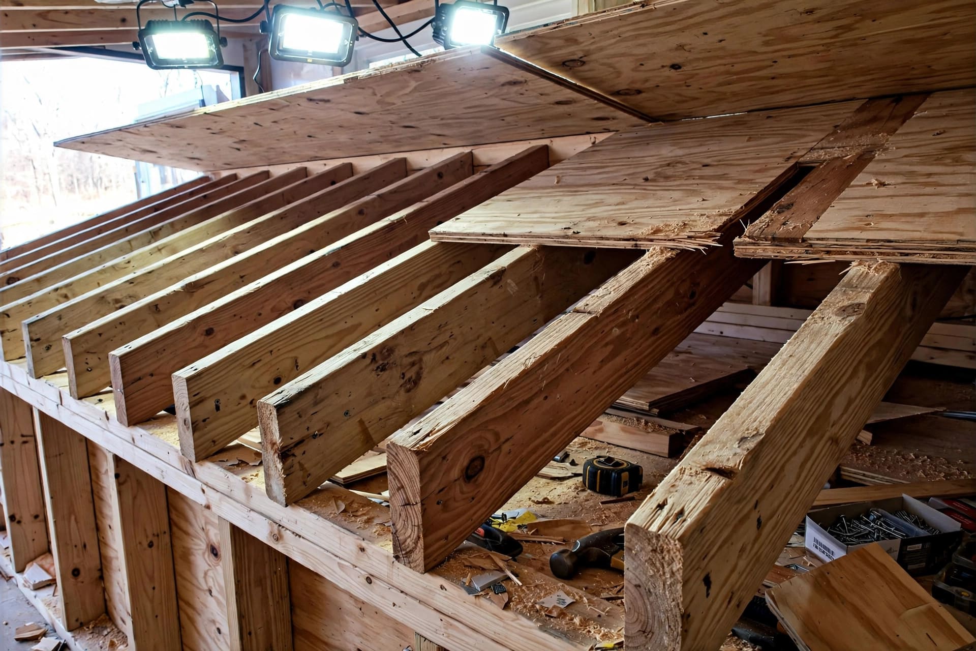 green roofs on tiny houses: heavy 2x10 rafters spaced 12 inches on center under thick plywood