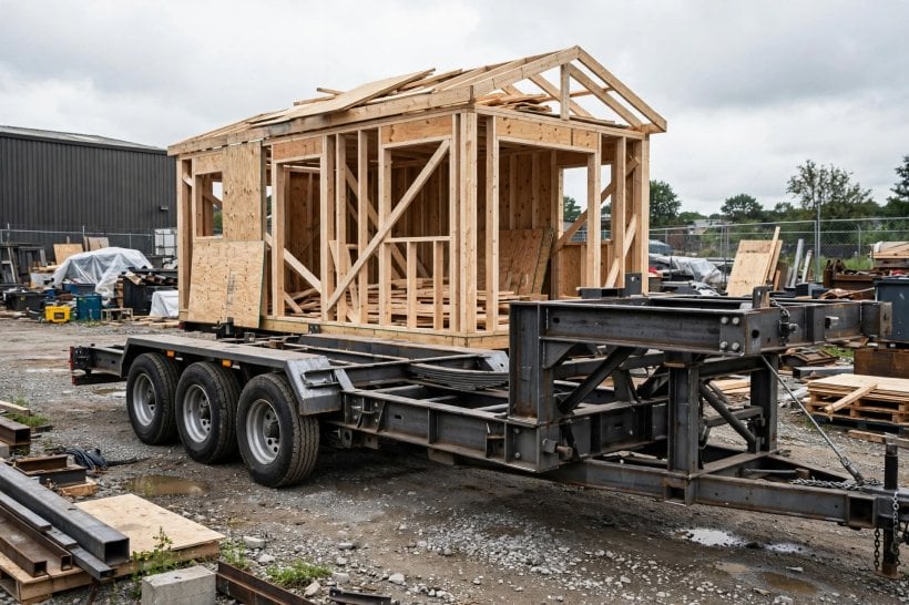 green roofs on tiny houses: a triple-axle trailer with the payload capacity to carry the load