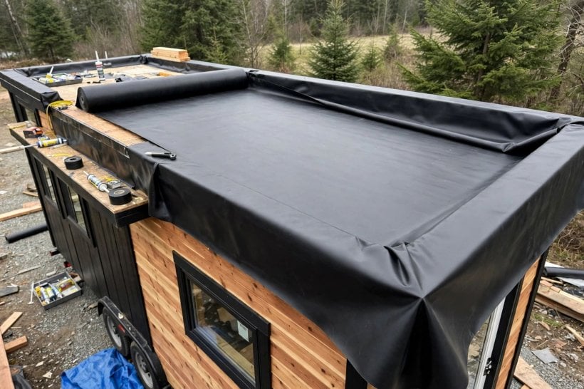 green roofs on tiny houses: one seamless sheet of EPDM membrane wrapped up the parapet edges
