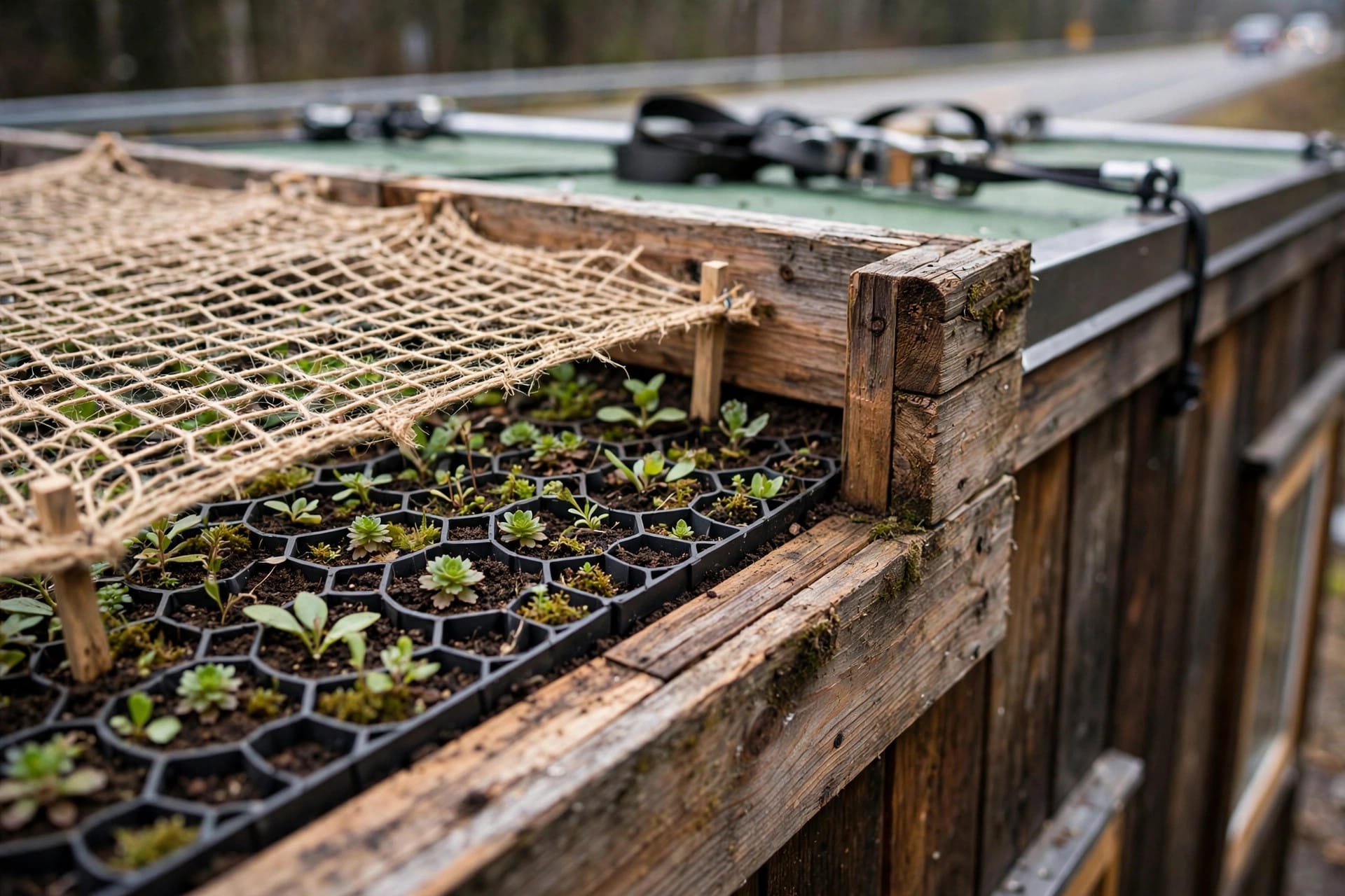 green roofs on tiny houses: honeycomb grids and jute netting holding young sedums in place