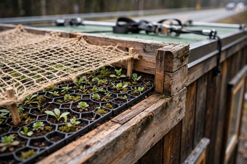 green roofs on tiny houses: honeycomb grids and jute netting holding young sedums in place