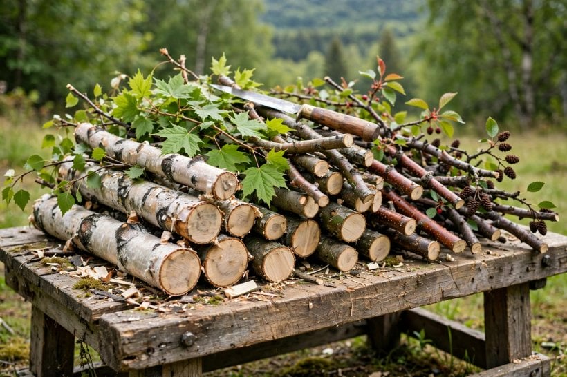Green-Wood Bowls and Spoons: fresh birch, maple, cherry and alder branches stacked on an outdoor bench
