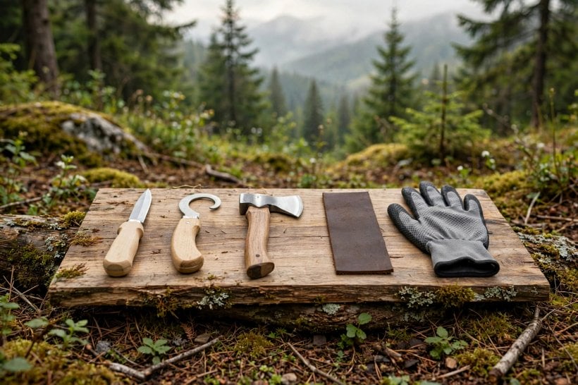 Green-Wood Bowls and Spoons: sloyd knife, hook knife, small hatchet, leather strop and cut-resistant glove laid out in a row