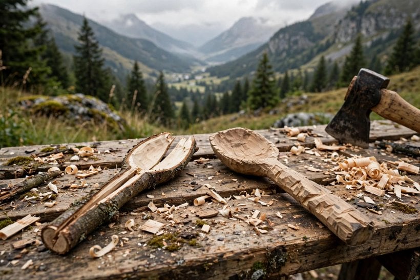 Green-Wood Bowls and Spoons: split branch spoon blank beside a roughed spoon and a hatchet on a bench