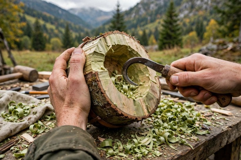 Green-Wood Bowls and Spoons: hands hollowing a halved-log bowl with a curved hook knife