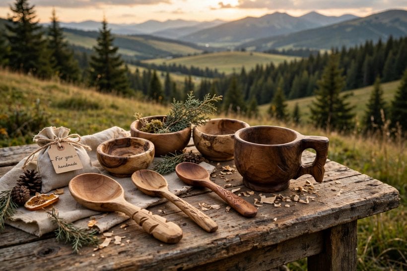 Green-Wood Bowls and Spoons: finished carved spoons, bowls and a kuksa cup on a rustic table with a handmade gift bag