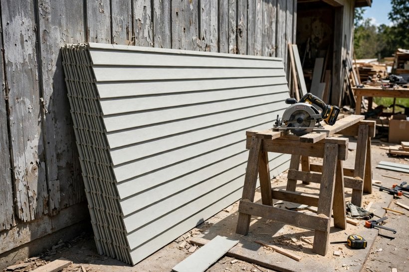 tiny house siding: a stack of fiber cement boards waiting to be installed