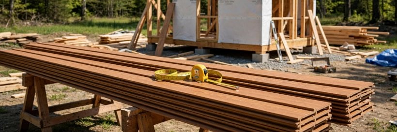 tiny house siding: sixteen-foot engineered wood boards on sawhorses
