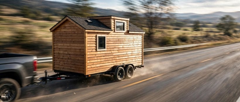 tiny house siding: a tiny house on wheels towing down the highway