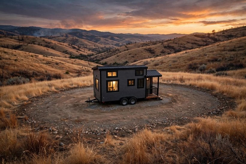 tiny house siding: a tiny house parked in wildfire-prone grassland