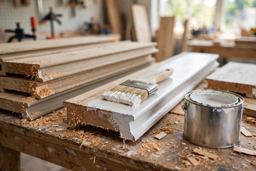 tiny house siding: priming the cut edge of an engineered wood board