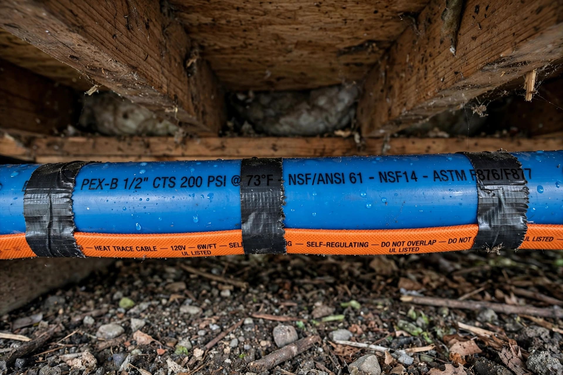 heat tape pipe freeze simulator: heat tape run straight along the bottom of a PEX pipe