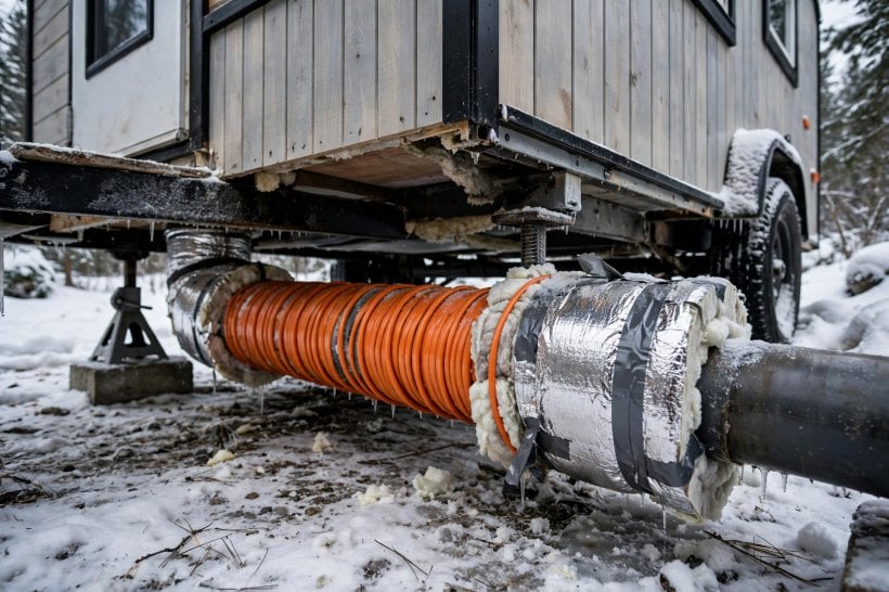 heat tape pipe freeze simulator: spiral-wrapped heat tape and heavy insulation on a 3-inch sewer drain