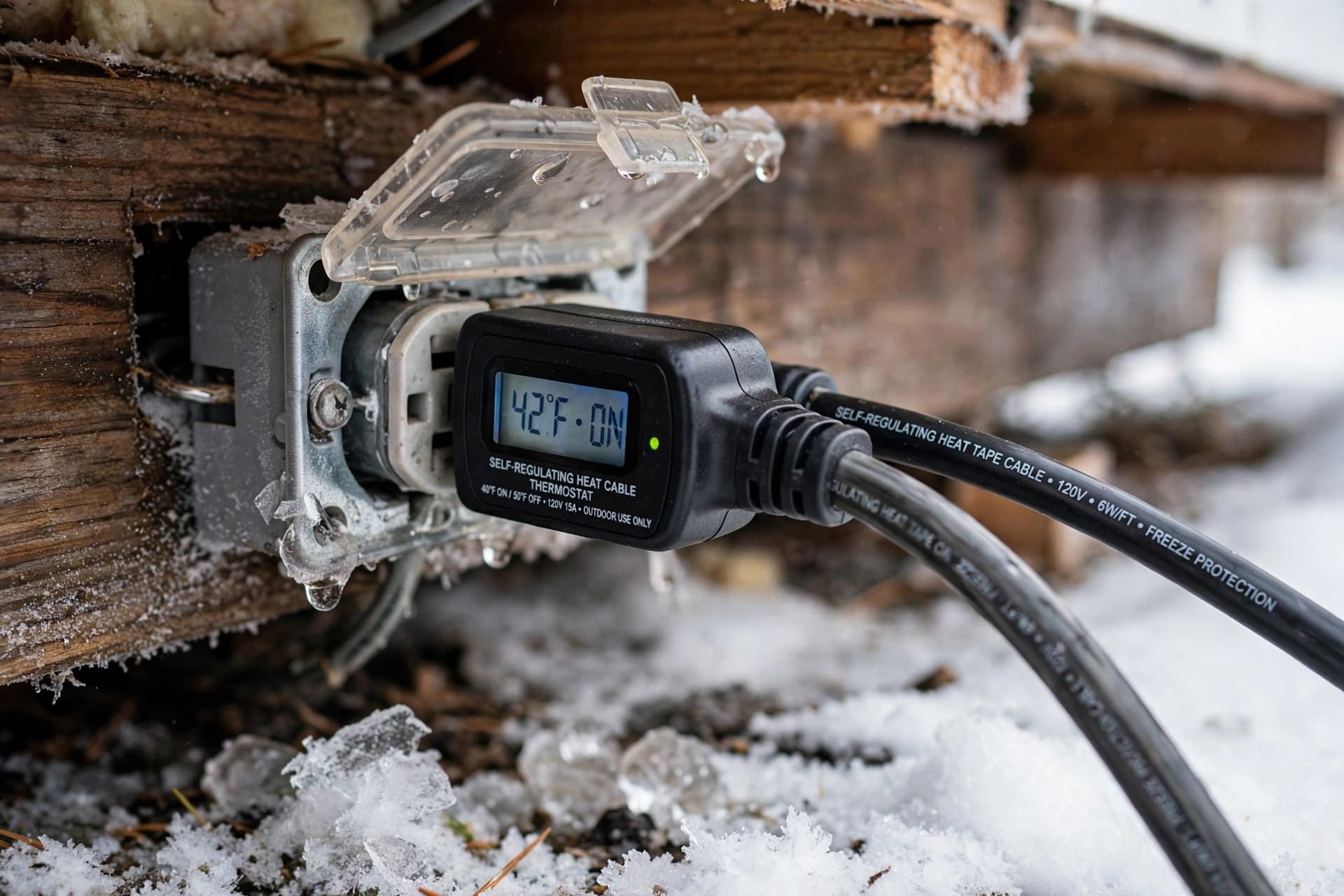 heat tape pipe freeze simulator: heat tape power cord and thermostat plug at an outdoor outlet