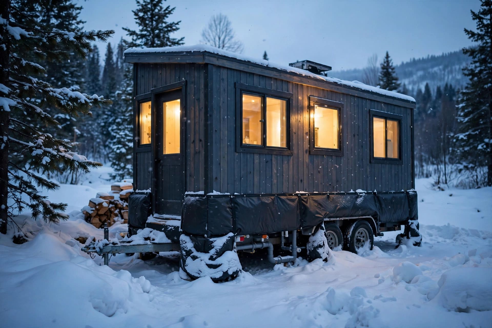 heat tape pipe freeze simulator: a skirted tiny house in deep snow at dusk