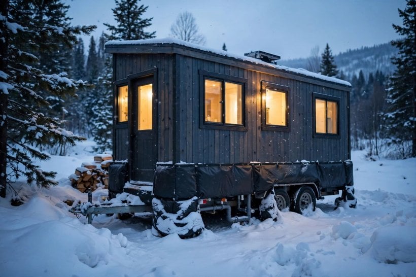 heat tape pipe freeze simulator: a skirted tiny house in deep snow at dusk