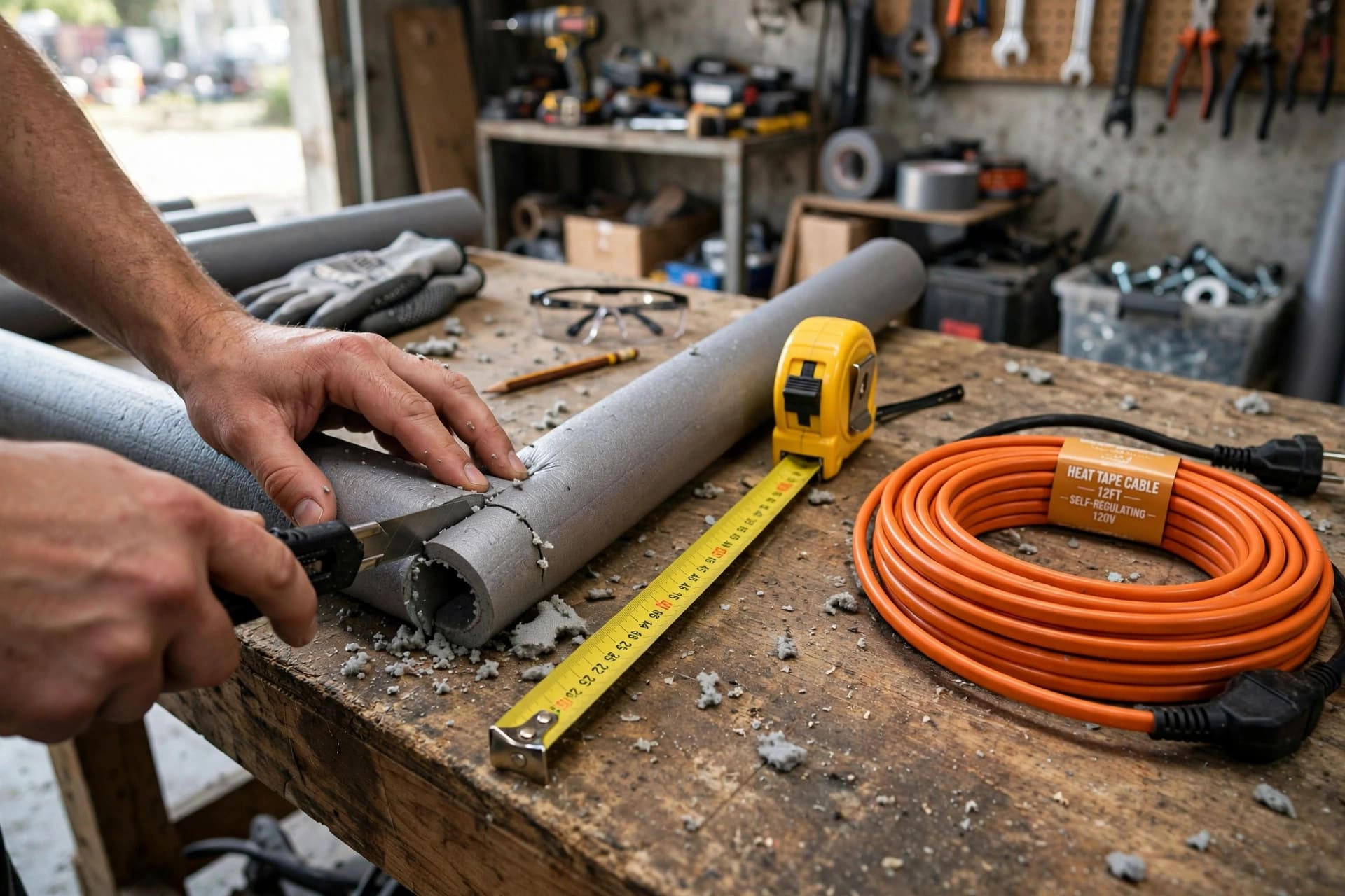 heat tape pipe freeze simulator: measuring and cutting foam insulation to length on a workbench