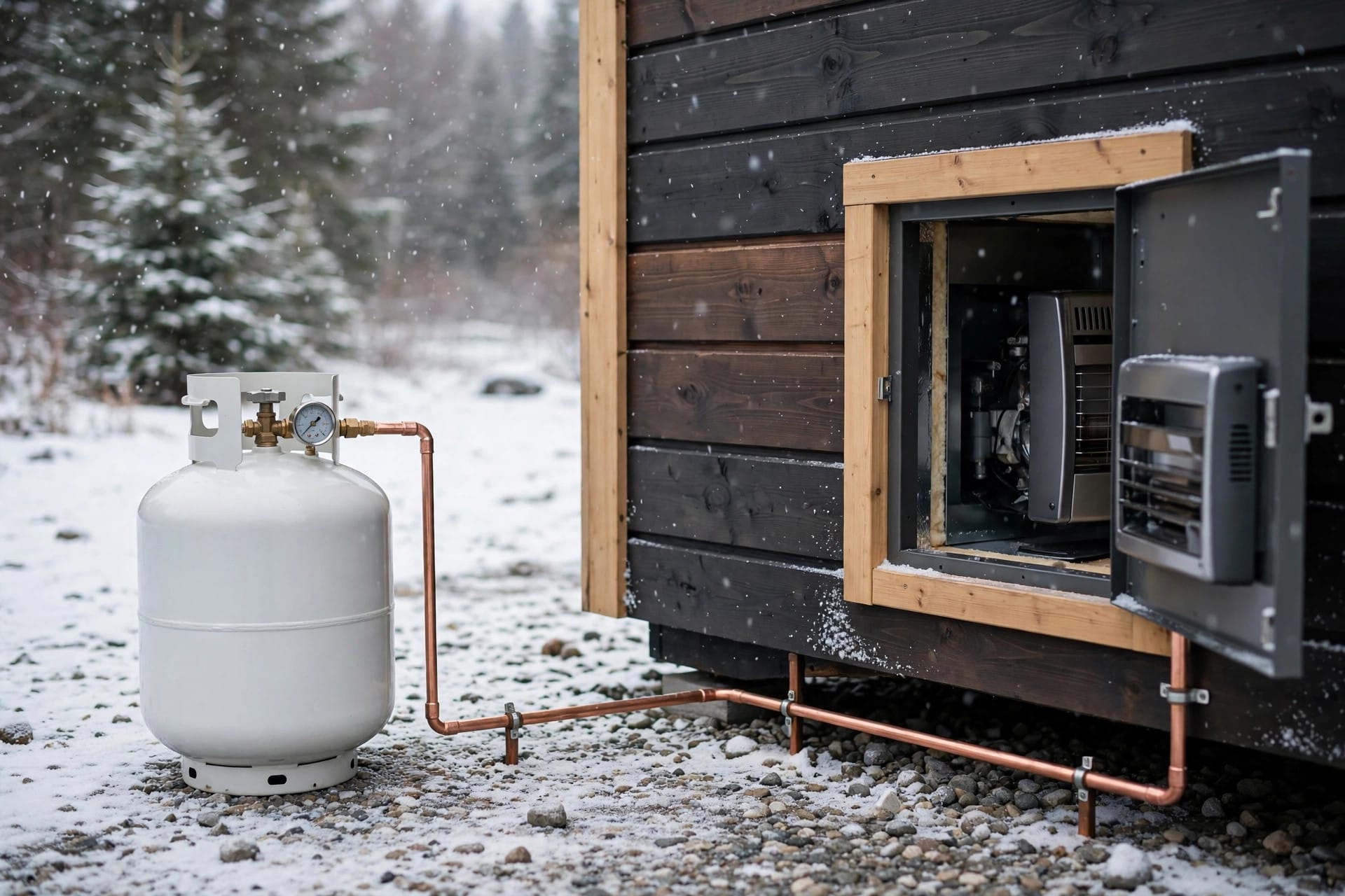 heating a tiny home in winter: vented propane heater setup with an outdoor tank and copper feed line