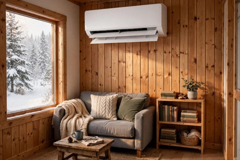 heating a tiny home in winter: mini-split heat pump mounted above a tiny living room sofa