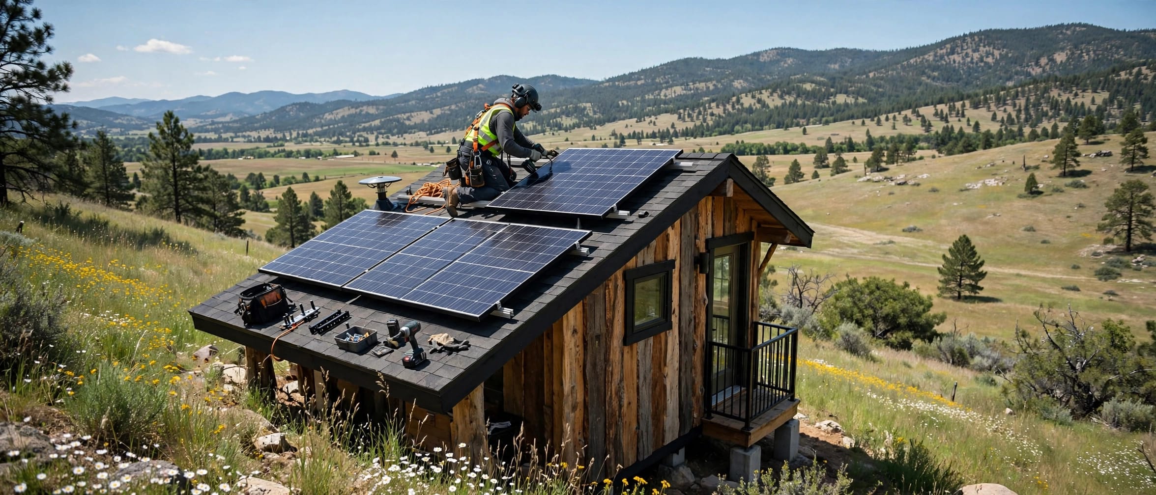 how much solar power does a tiny house need: rooftop panel installation on a tiny house roof