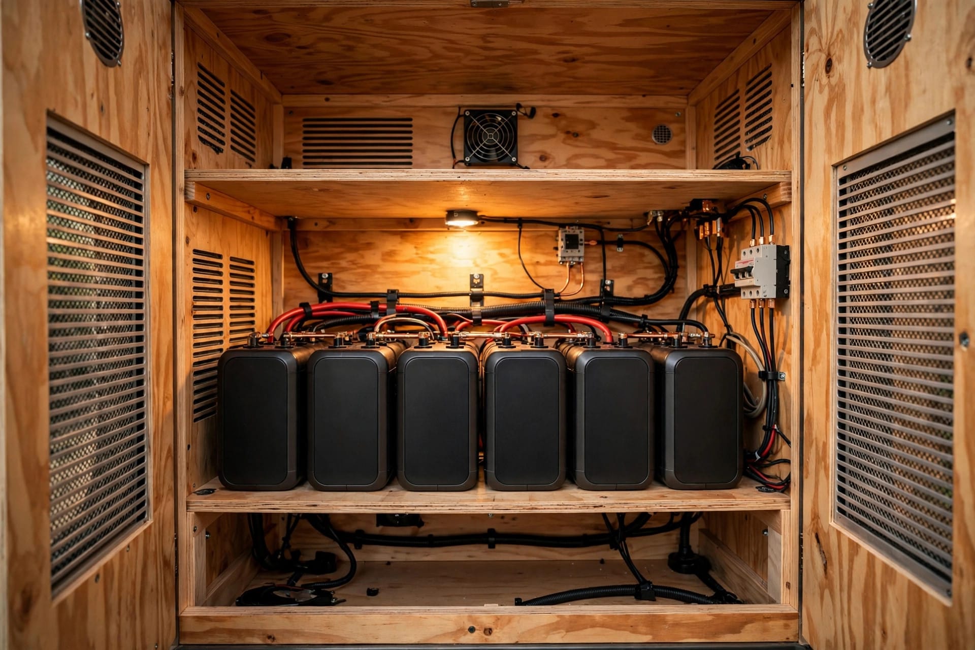 how much solar power does a tiny house need: battery bank inside a tiny house utility space