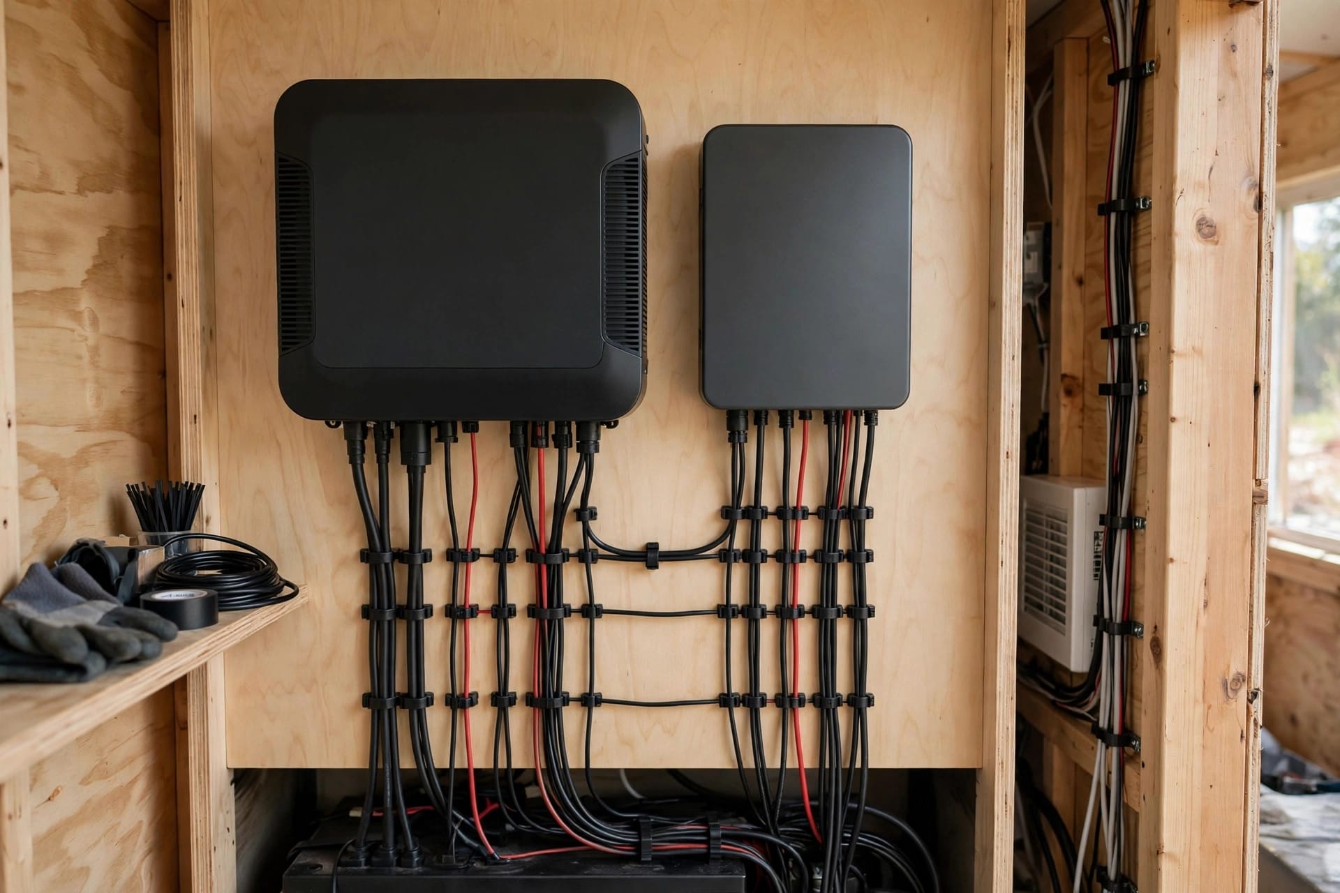how much solar power does a tiny house need: inverter and charge controller mounted on a utility wall