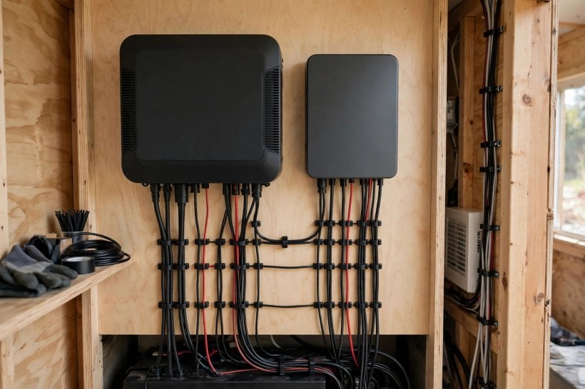 how much solar power does a tiny house need: inverter and charge controller mounted on a utility wall