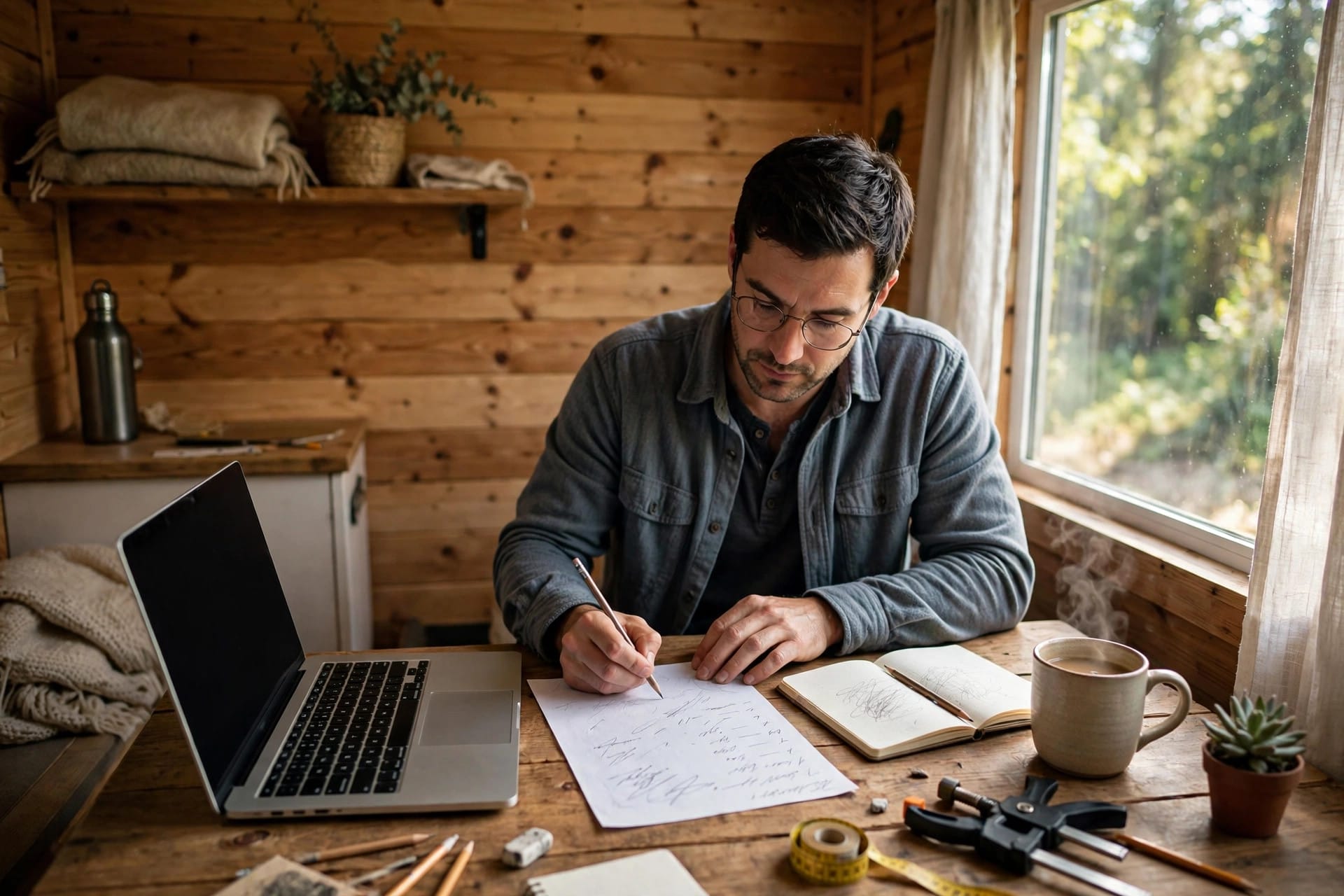 how much solar power does a tiny house need: energy audit worksheet and laptop on a tiny house table