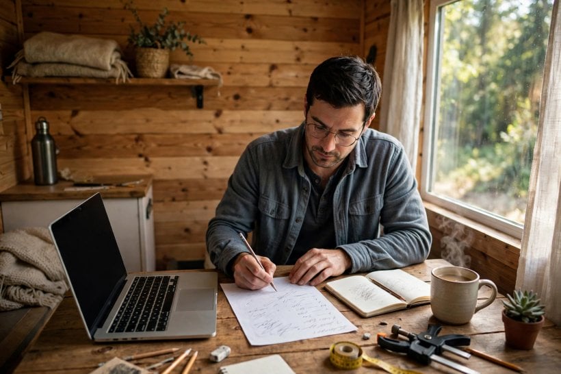 how much solar power does a tiny house need: energy audit worksheet and laptop on a tiny house table