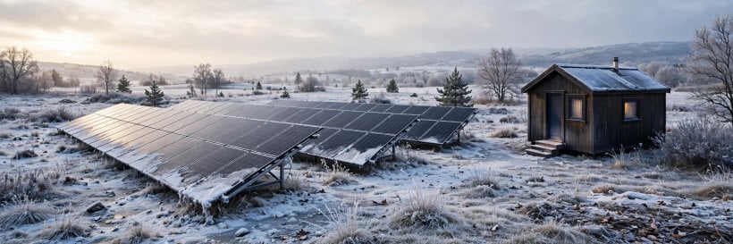 how much solar power does a tiny house need: ground-mounted solar array in light winter snow