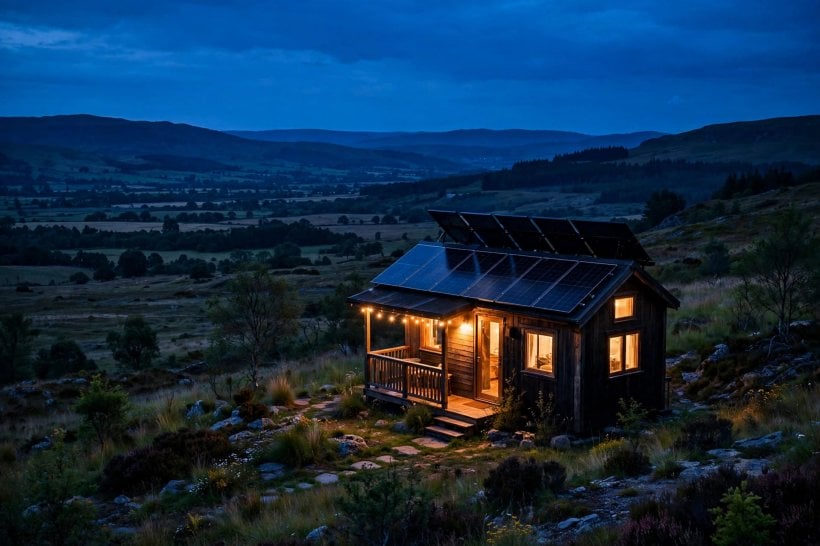 how much solar power does a tiny house need: tiny house glowing at dusk on stored solar power