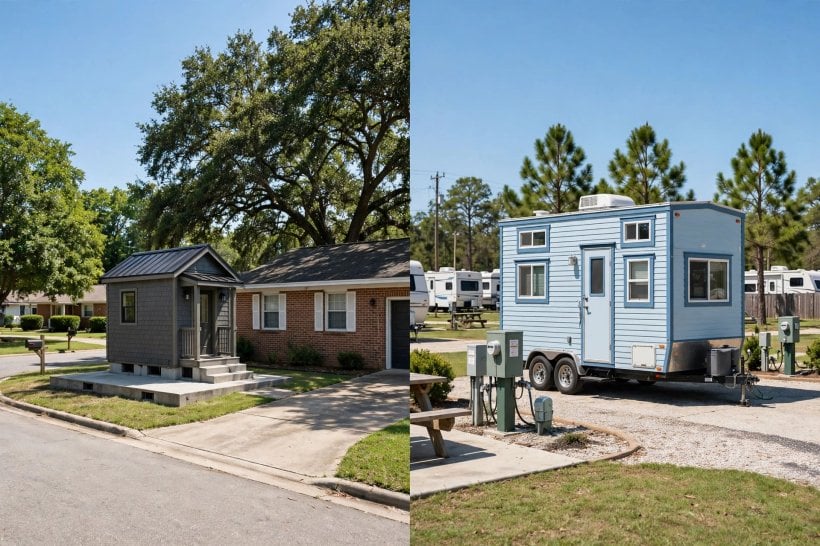 how to buy a tiny house in alabama: a tiny house on a permanent foundation beside a tiny house on wheels in an RV park — the two legal pathways side by side