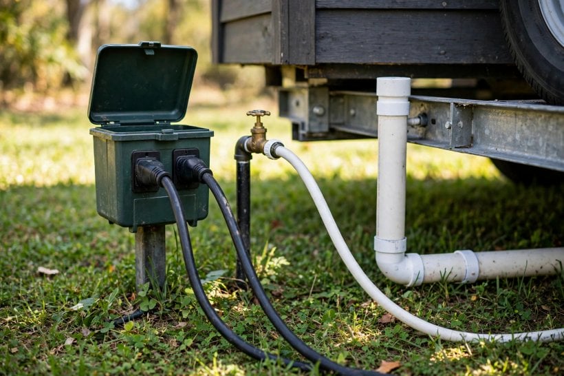 how to buy a tiny house in alabama: the RV pedestal power and water hookups a tiny house on wheels depends on — one side of the foundation-versus-wheels trade-off