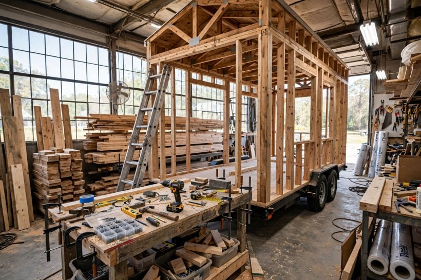 how to buy a tiny house in alabama: a tiny house frame under construction inside an Alabama builder's workshop