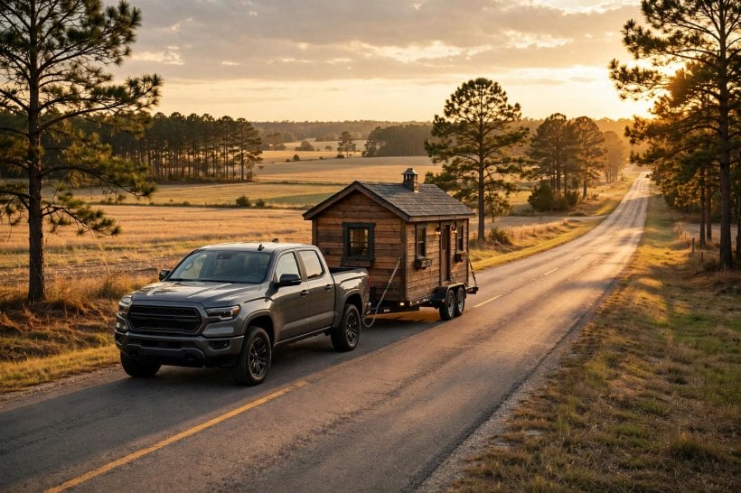 how to buy a tiny house in alabama: a tiny house on wheels being delivered by truck down a rural Alabama road — the move your permits must precede