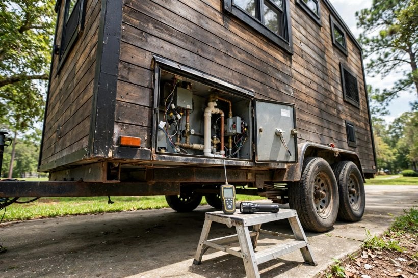 how to buy a tiny house in alabama: inspecting a used tiny house's trailer frame, wiring and plumbing before title transfer, registration and insurance