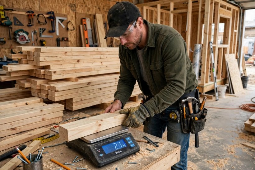 how to calculate the weight of a tiny house: weighing a single SPF stud on a workshop scale