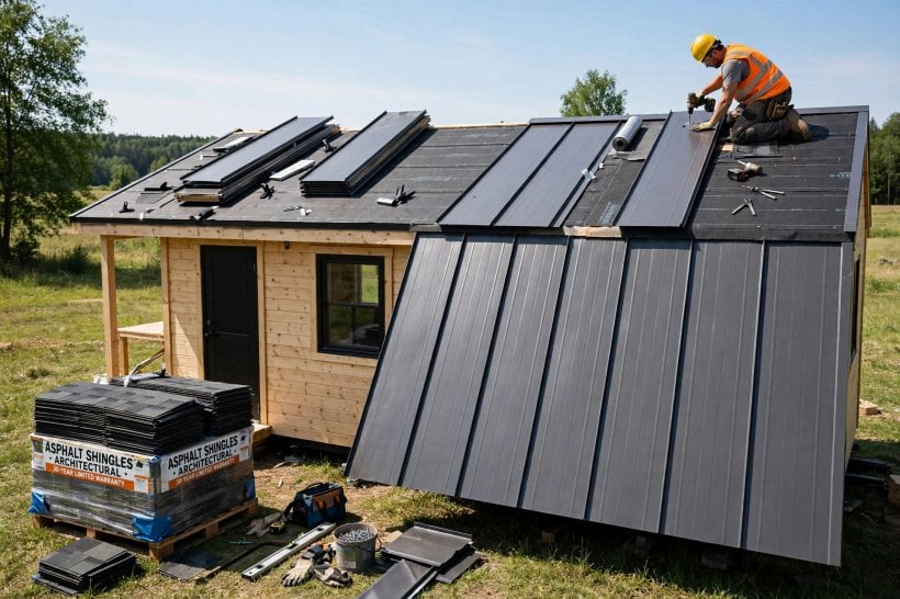 how to calculate the weight of a tiny house: standing-seam metal roofing going on a tiny house roof